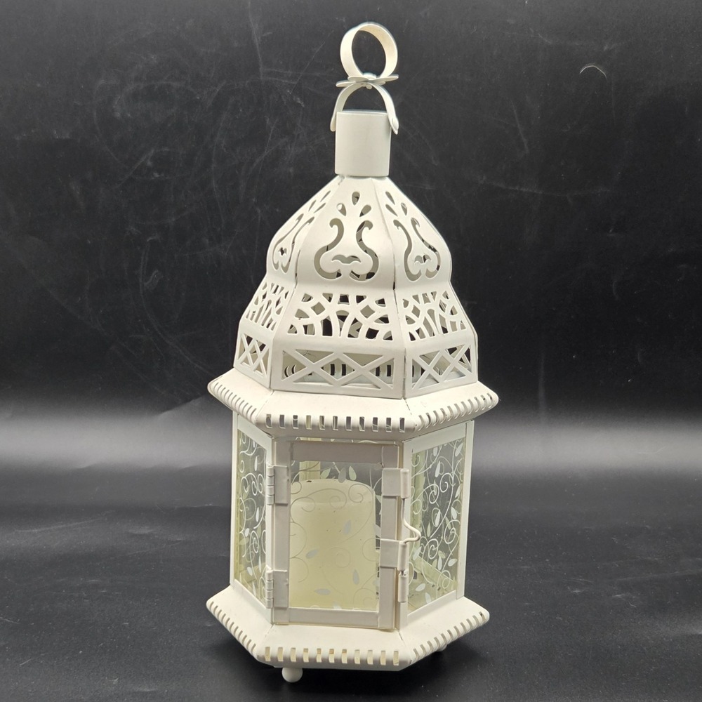 Large White Metal Decorative Moroccan Lantern Candle Holder Lamp Cottage Core